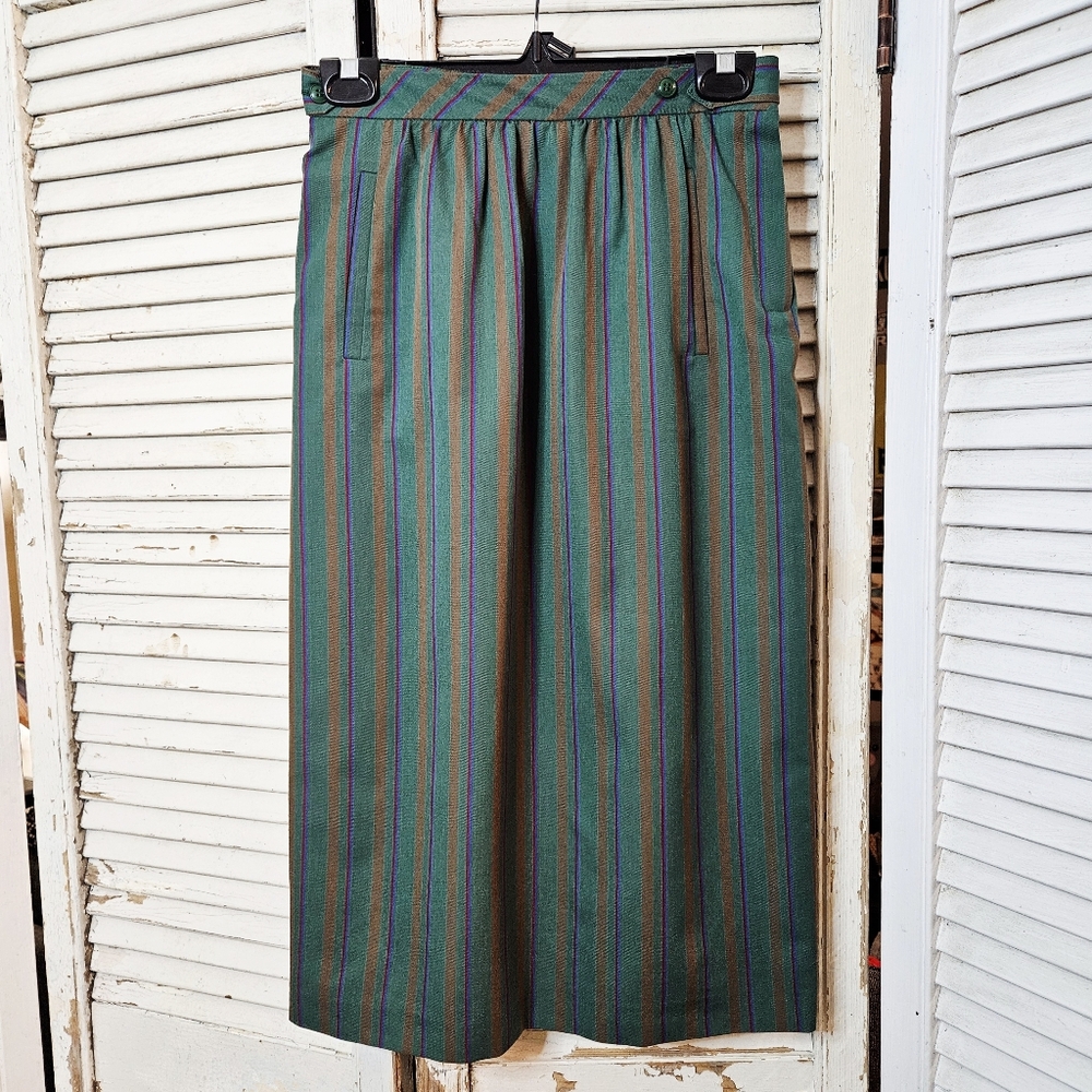 Vintage 70s Cacharel Green Striped 100% Wool Midi Skirt Made In France XS/S